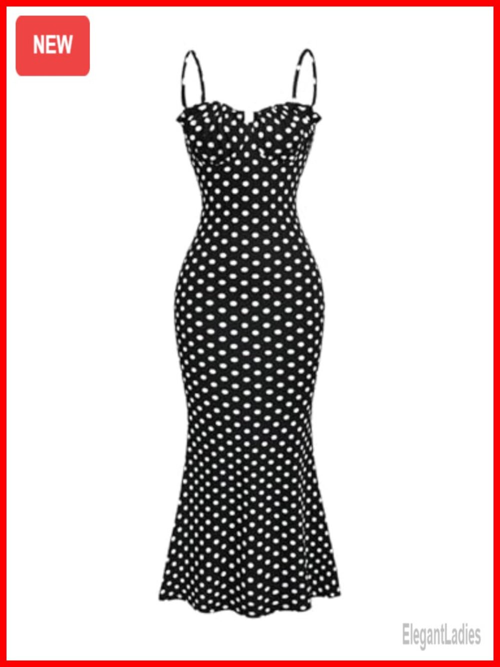 Polka Dots Frill Trim Cami Dress Fishtail Maxi Bodycon Sleeveless Sweetheart